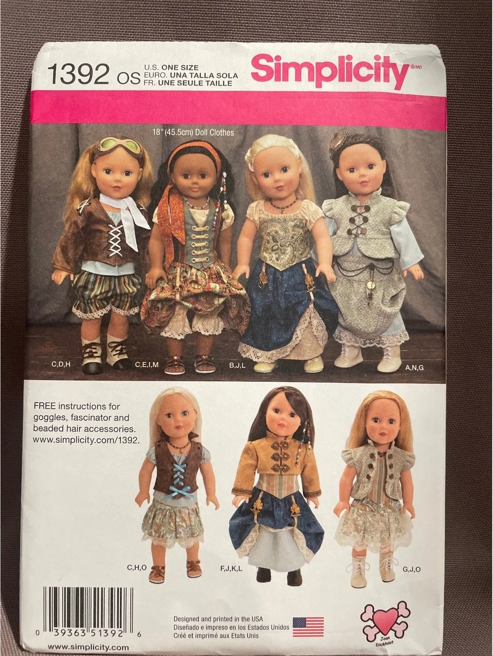 Simplicity 1392 18” Doll Clothes Sewing Pattern Steampunk Pirate Victorian UNCUT